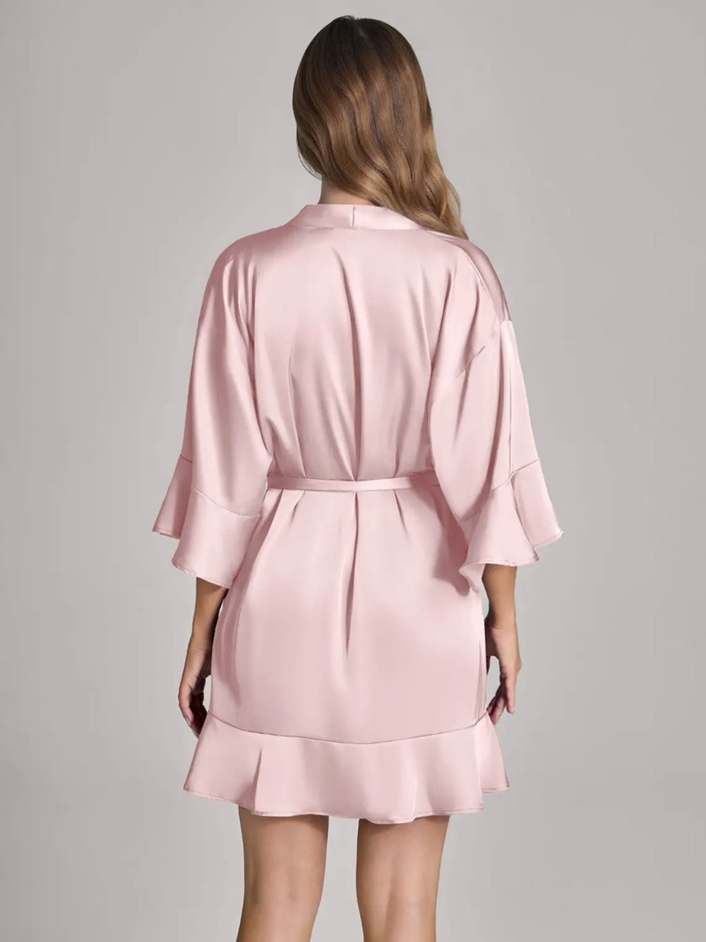 Azazie Ruffle Satin Robe in Soft Blush - Picture 2 of 4
